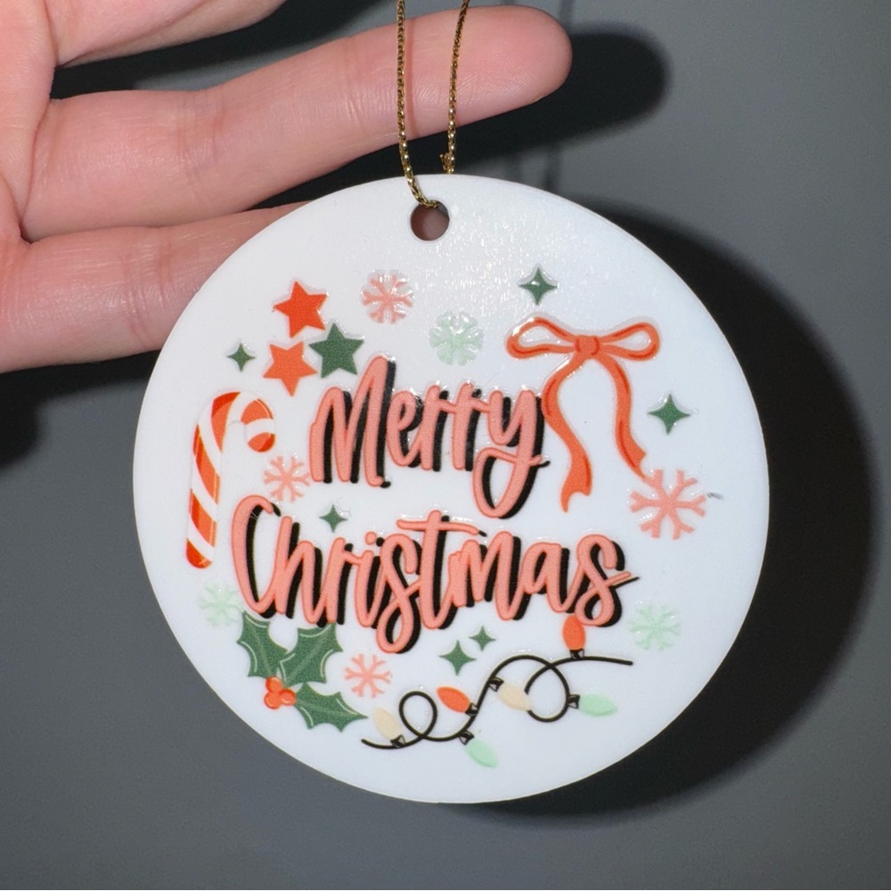 Festive White and Red Merry Christmas Ornament